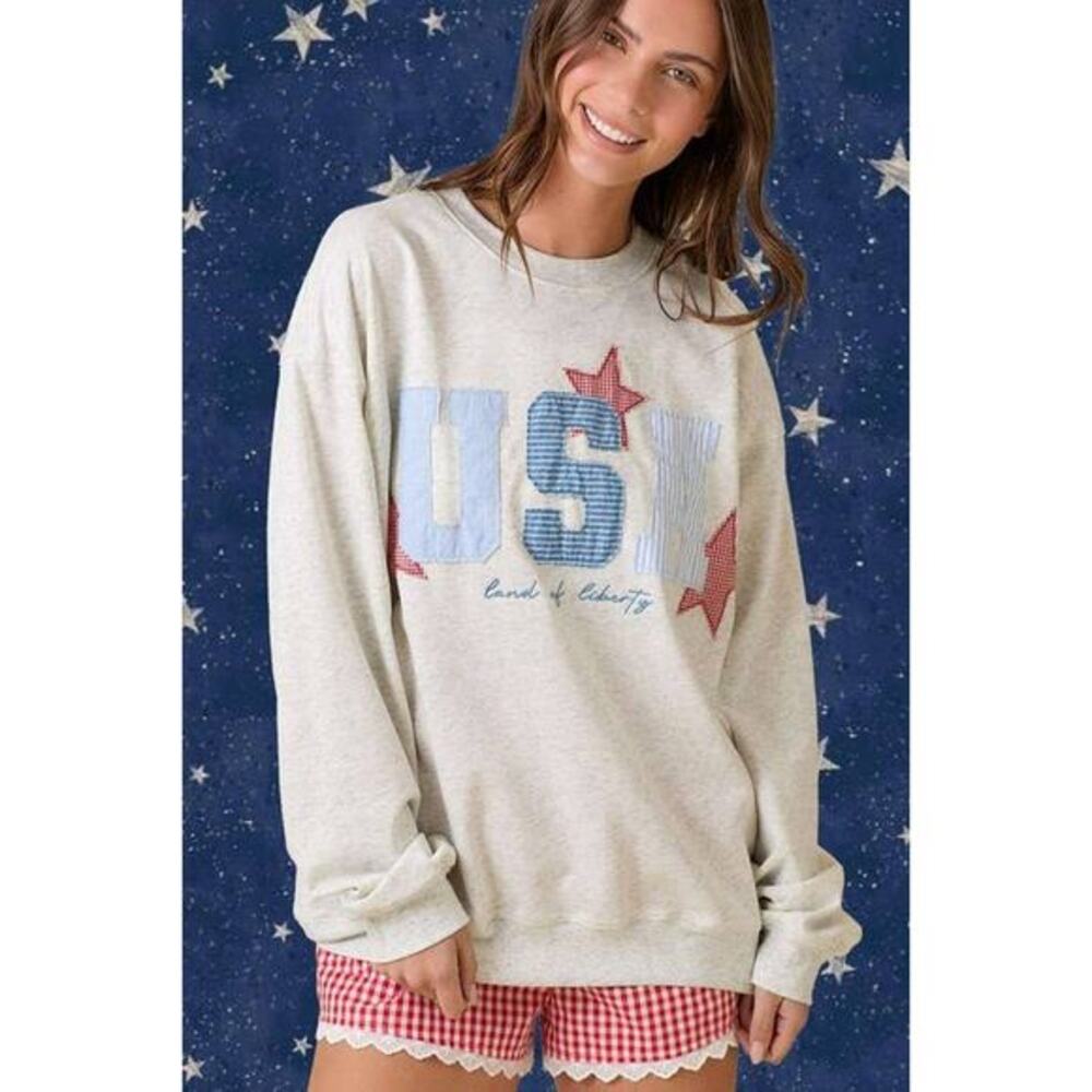 Main Strip Heather Size Medium USA Patchwork Oversized Crewneck Top